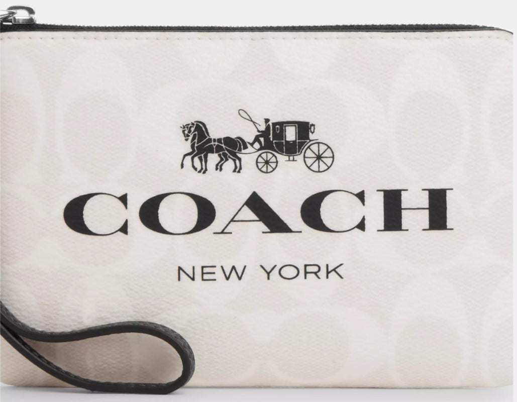 đŸ’•Coach Corner Zip Wristlet - Horse & Carriage Chalk Signature Canvas -CP437 NWT