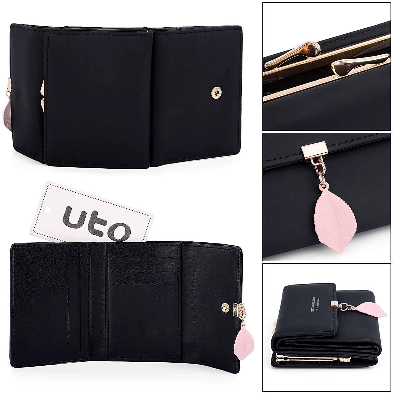 Small Wallet for Women PU Leather RFID Blocking Coin Purse Card Holder Trifold Ladies Purse Leaf Pendant(Black)