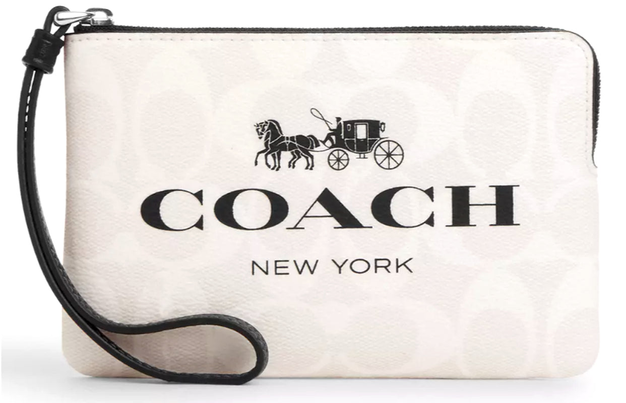 💕Coach Corner Zip Wristlet - Horse & Carriage Chalk Signature Canvas -CP437 NWT