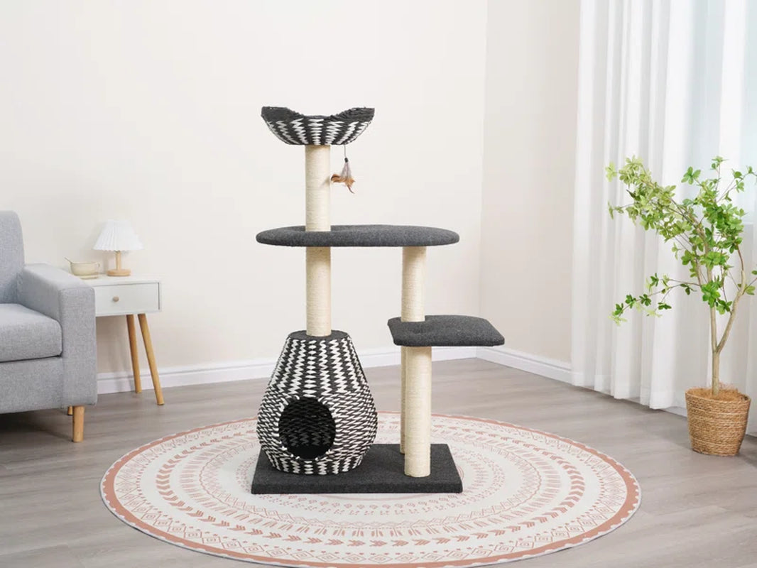 49" Handwoven Cat Tree with Feather Toy