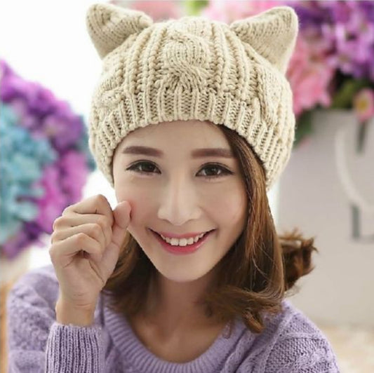 Hand Made 3D Cute Knitted Cat Ear Beanie for Winter