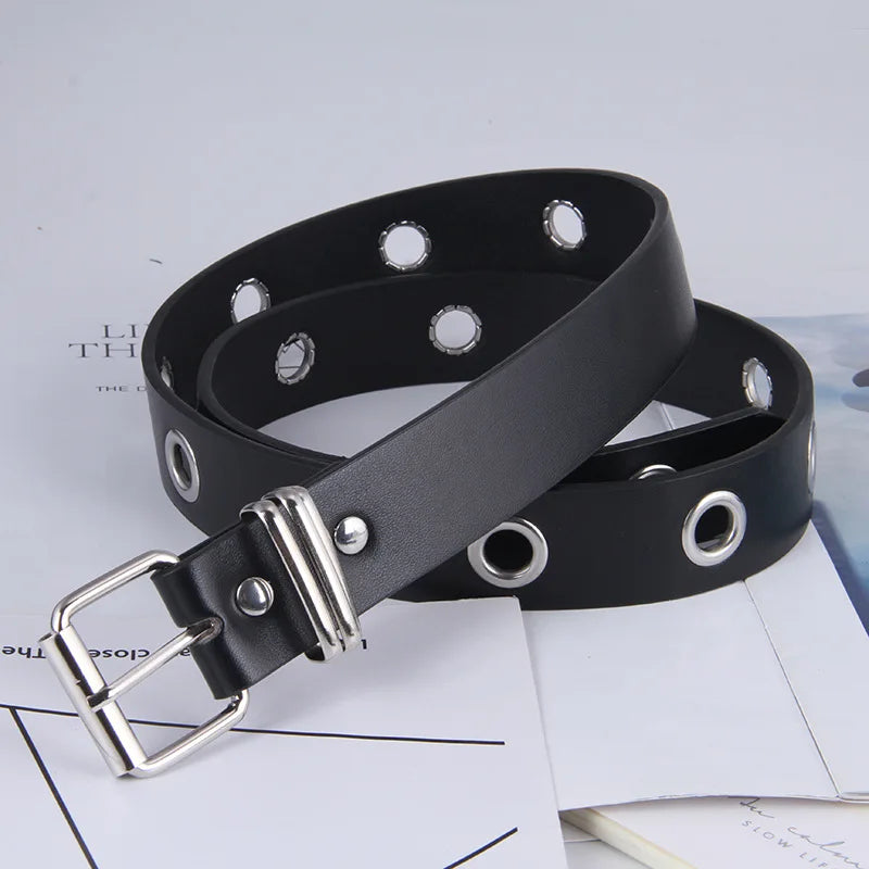 Women Belt PU Leather Pin Buckle Punk Belt Fashion Full Hole Wait Band with Metal Chain Grommet Belts for Jeans Overcoat