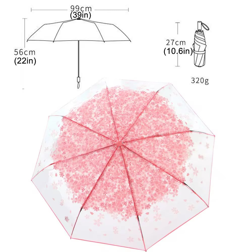 Korean Umbrella Folding Cute Korean Mini Fresh Simple Sen Series Trifold Cherry Blossom Transparent Japanese Umbrella