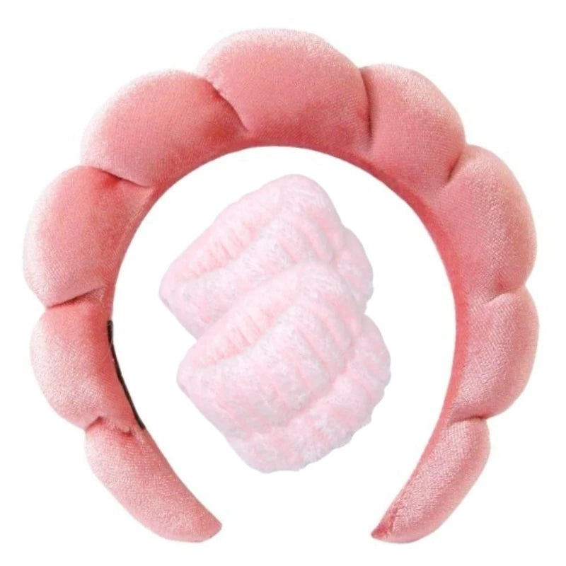 Sponge Spa Headband with Wristbands for Washing Face Wide Padded Headband Skin Care Makeup Removal Shower for Women Girls