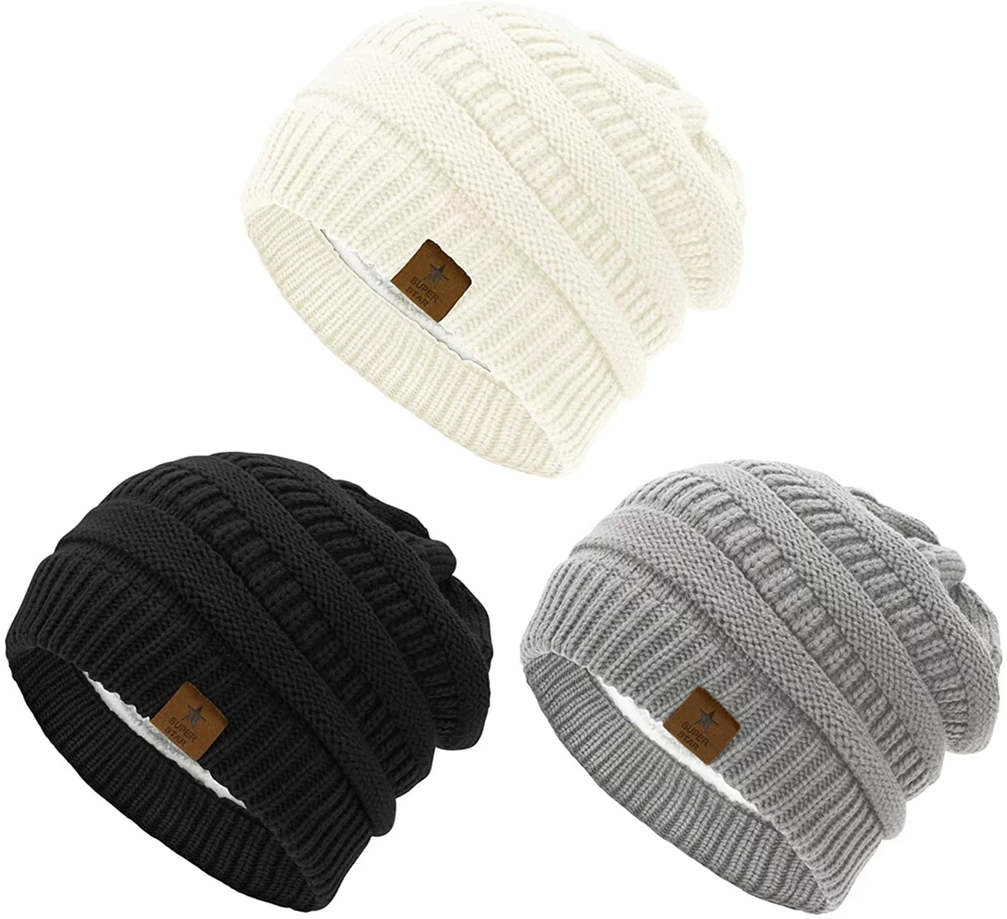 Womens Knit Beanie Winter Thick Fleece Lined Beanie Hats for Women Men Unisex Warm Skiing Beanies Black & Light Grey & Ivory 3 Packs