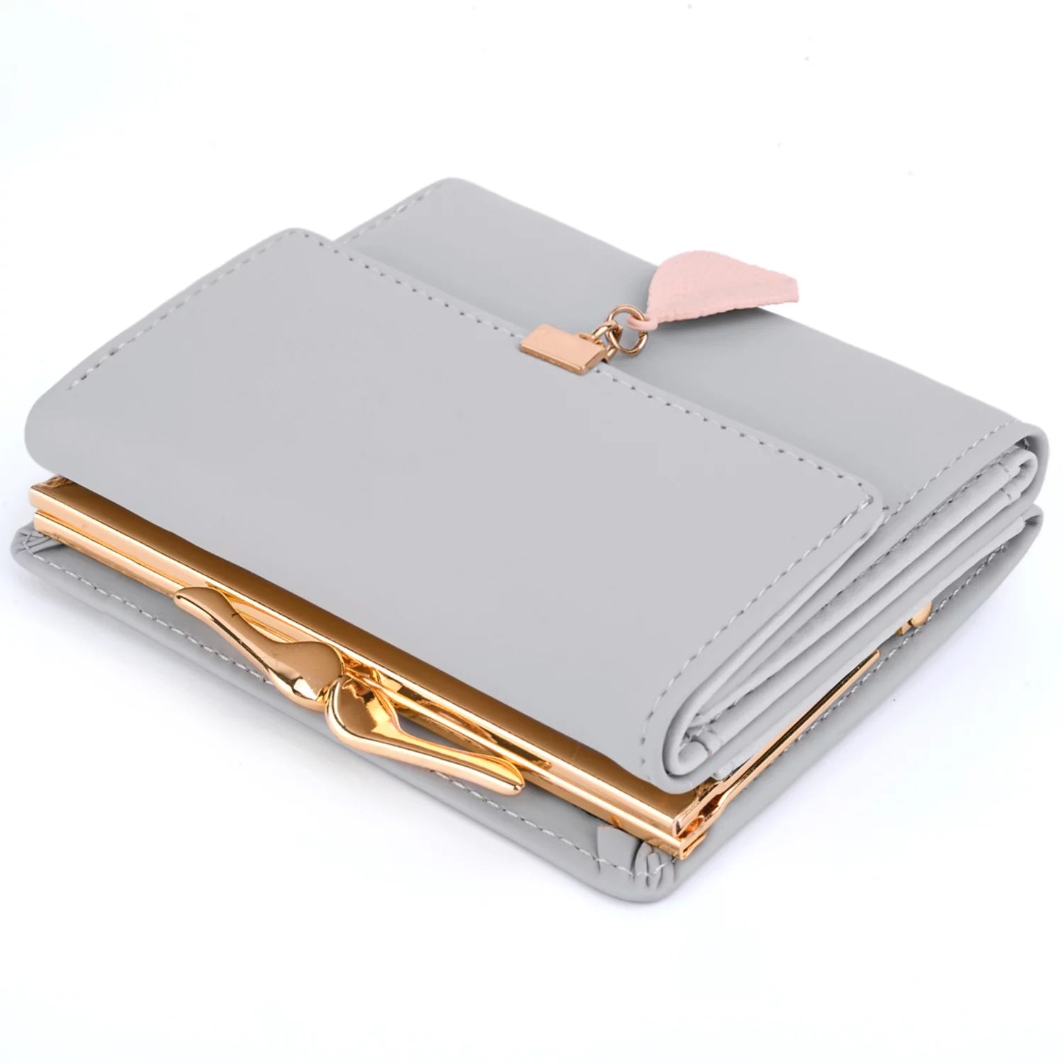 Small Wallet for Women PU Leather RFID Blocking Coin Purse Card Holder Trifold Ladies Purse Leaf Pendant(Grey)