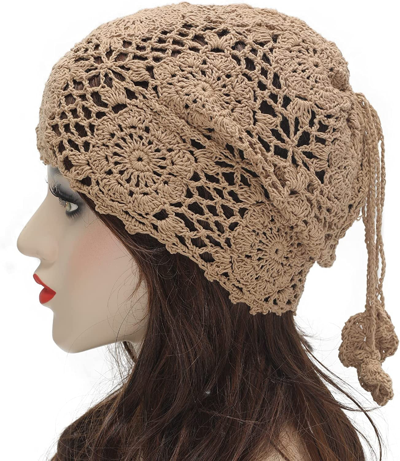 Women Cotton Crochet Slouchy Beanie Hat Handmade Knit Cutout Summer Floral Skull Cap