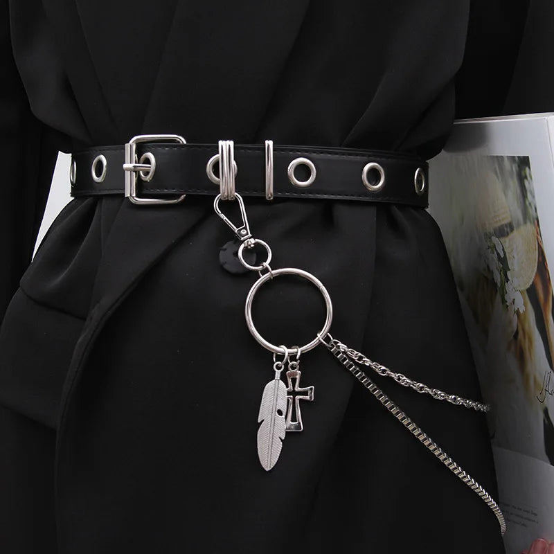 Women Belt PU Leather Pin Buckle Punk Belt Fashion Full Hole Wait Band with Metal Chain Grommet Belts for Jeans Overcoat