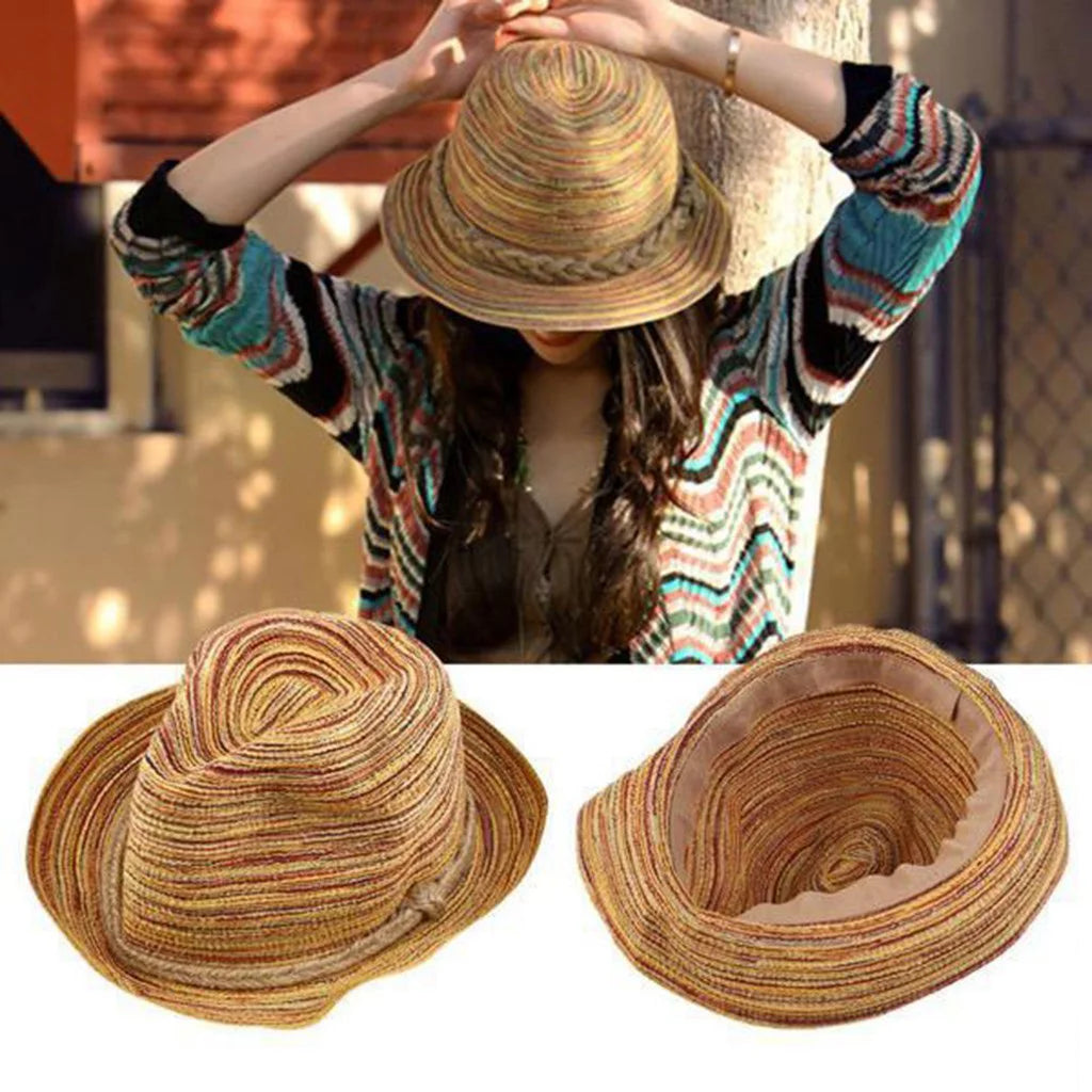 Straw Hat for Women Beach Hats Summer Sun Panama Wide Brim Floppy Fedora Cap UPF50+