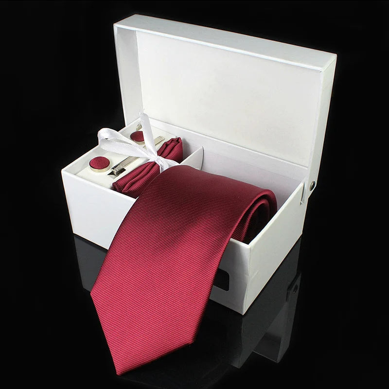 Mens Tie Silk 8Cm Formal Necktie Handkerchief Cufflinks Gift Box Set Solid Red Yellow Ties for Man Business Wedding Gift Party