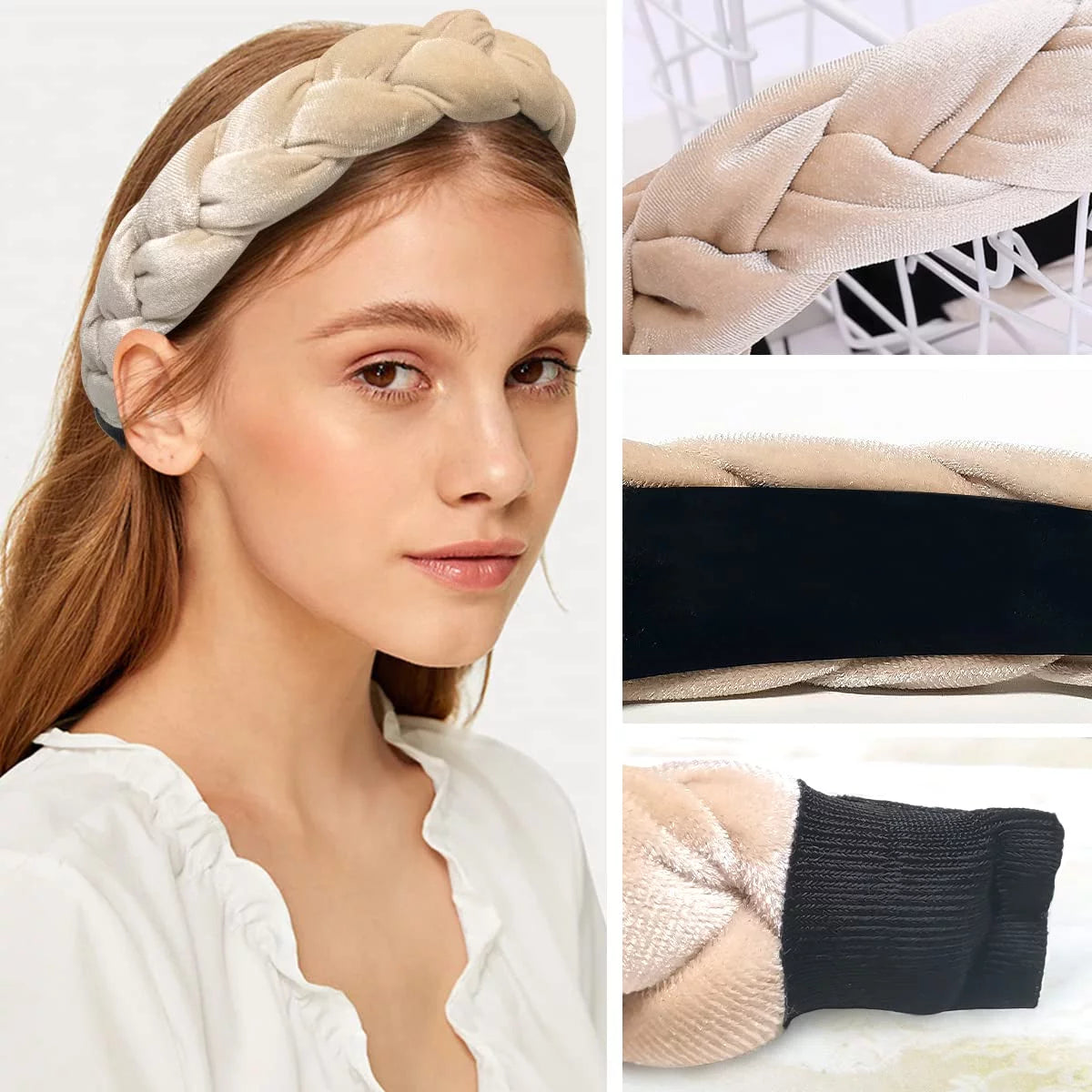 Headbands for Women Velvet Braided Headbands Fashion Hairband Criss Cross Hair Accessories, Beige