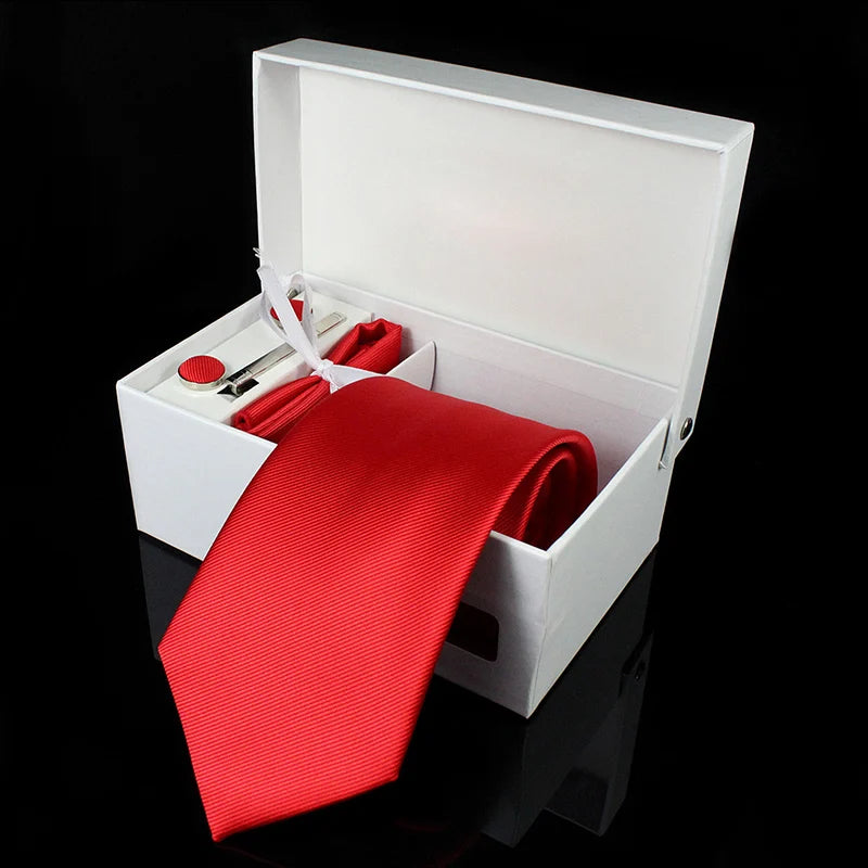 Mens Tie Silk 8Cm Formal Necktie Handkerchief Cufflinks Gift Box Set Solid Red Yellow Ties for Man Business Wedding Gift Party