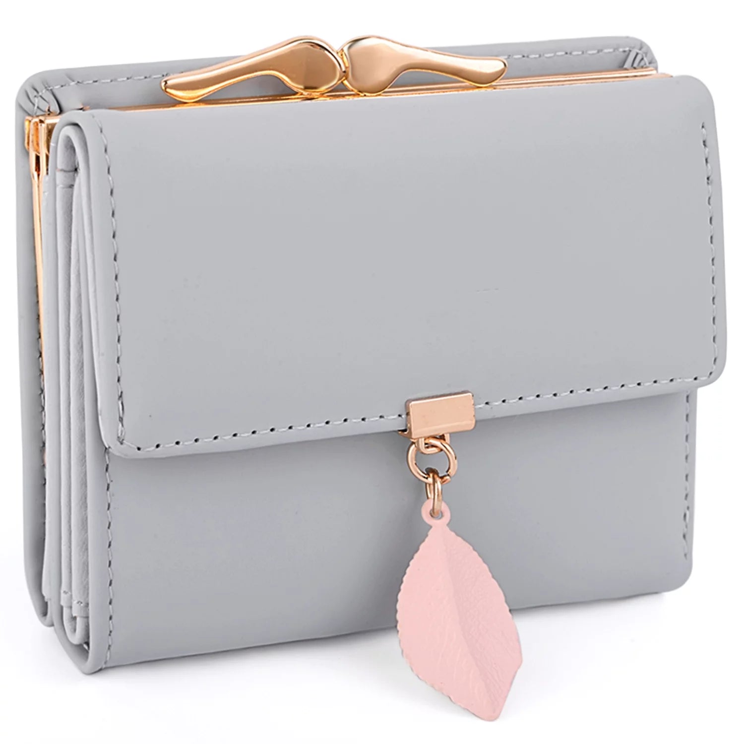 Small Wallet for Women PU Leather RFID Blocking Coin Purse Card Holder Trifold Ladies Purse Leaf Pendant(Grey)