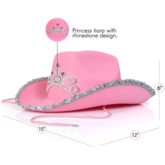 Pink Cowboy Hat - Pink Sequin Cowgirl Princess Hat with Crown Tiara Design