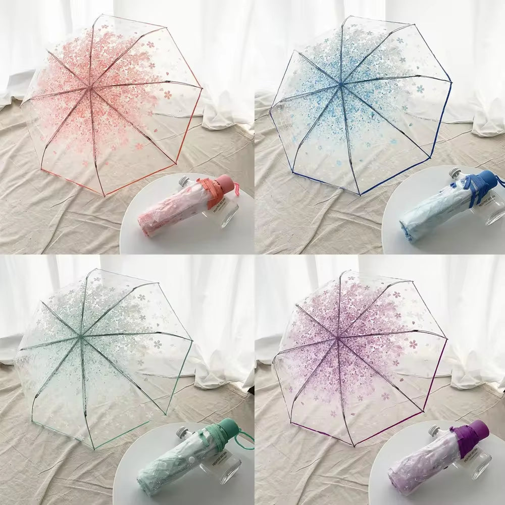 Korean Umbrella Folding Cute Korean Mini Fresh Simple Sen Series Trifold Cherry Blossom Transparent Japanese Umbrella