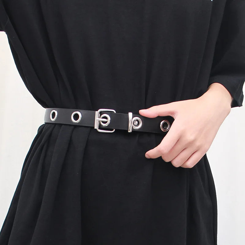 Women Belt PU Leather Pin Buckle Punk Belt Fashion Full Hole Wait Band with Metal Chain Grommet Belts for Jeans Overcoat