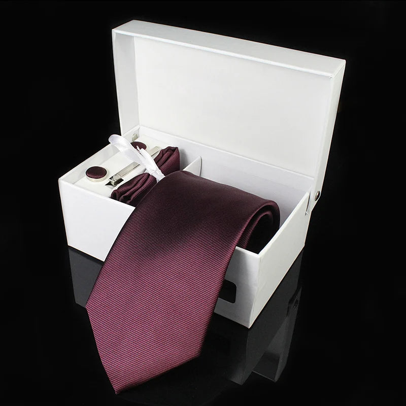 Mens Tie Silk 8Cm Formal Necktie Handkerchief Cufflinks Gift Box Set Solid Red Yellow Ties for Man Business Wedding Gift Party