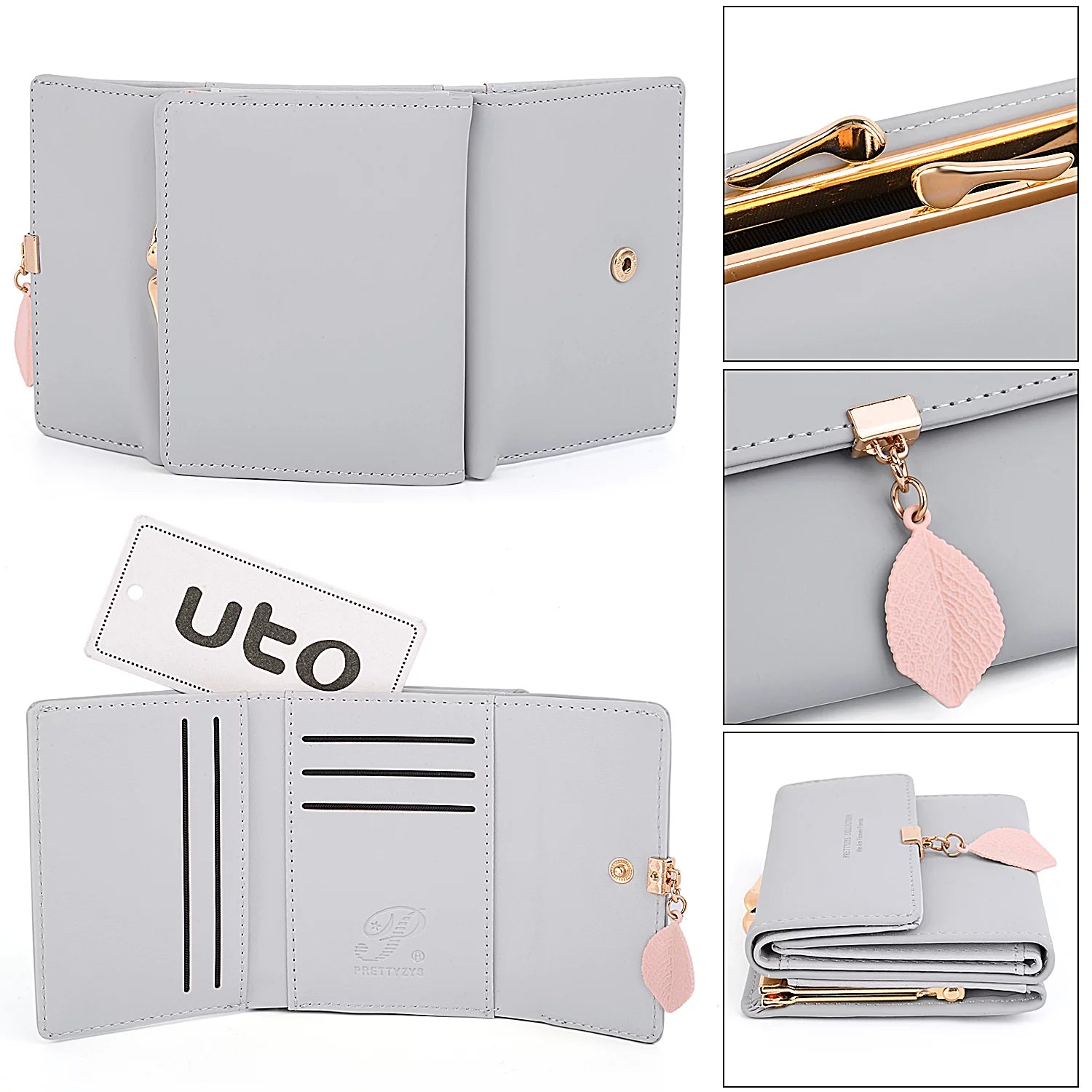 Small Wallet for Women PU Leather RFID Blocking Coin Purse Card Holder Trifold Ladies Purse Leaf Pendant(Grey)