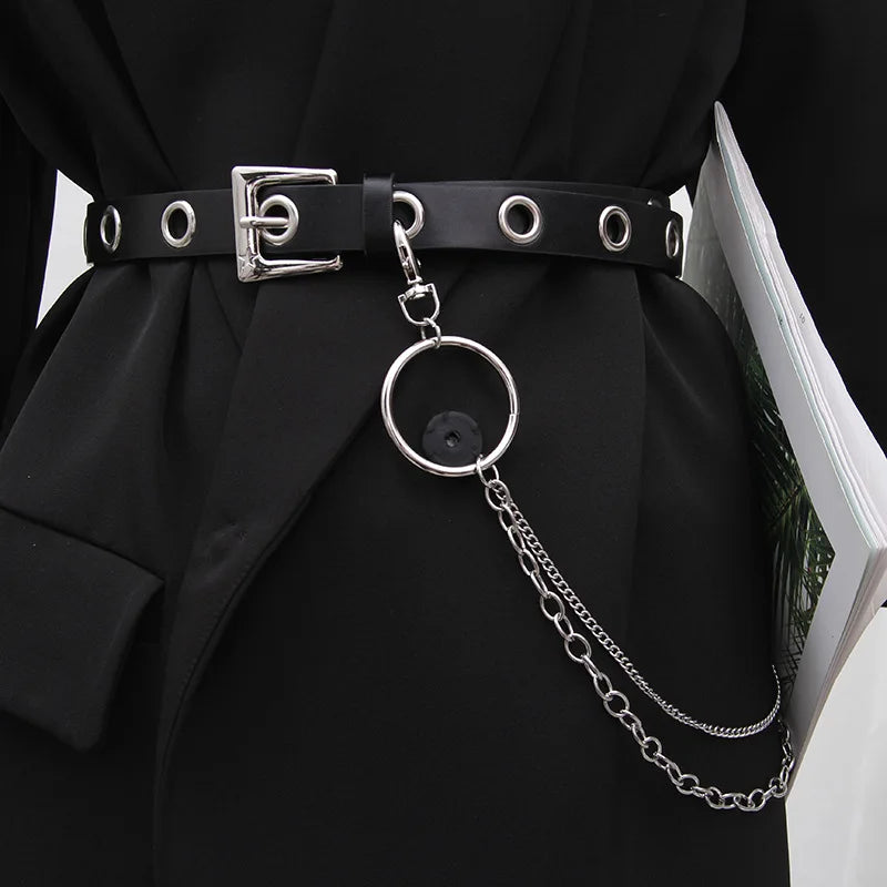 Women Belt PU Leather Pin Buckle Punk Belt Fashion Full Hole Wait Band with Metal Chain Grommet Belts for Jeans Overcoat