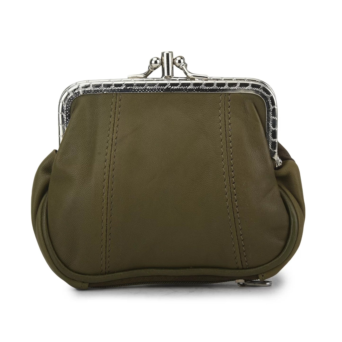 Women'S Leather Metal Frame Double Clasp Zipper Coin Purse, Green