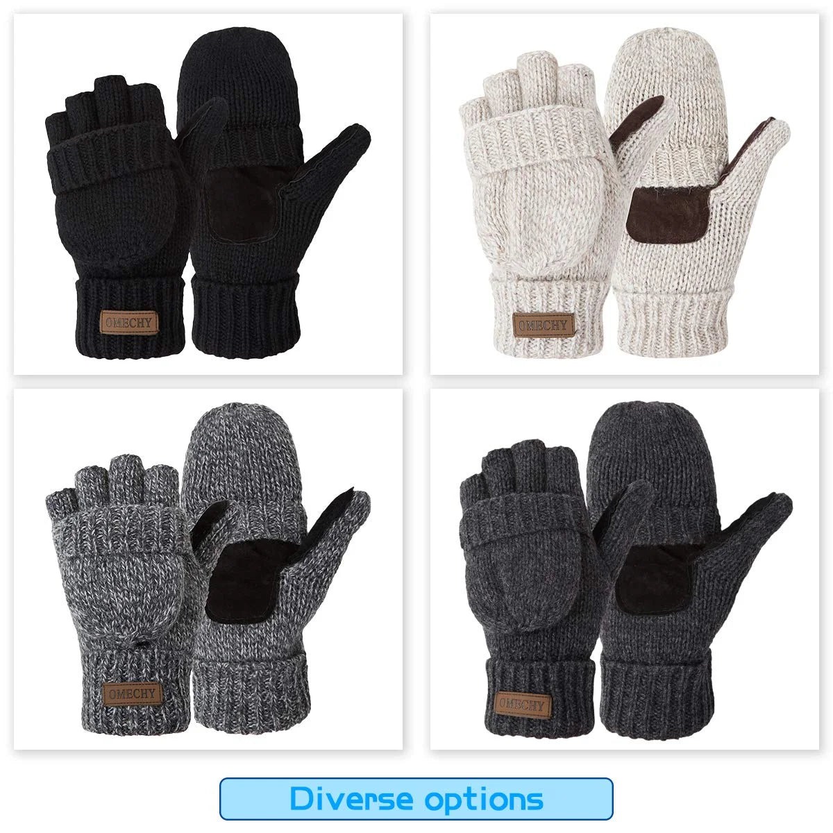 Mittens Winter Fingerless Gloves Warm Wool Knitted Gloves Convertible Gloves for Men and Women