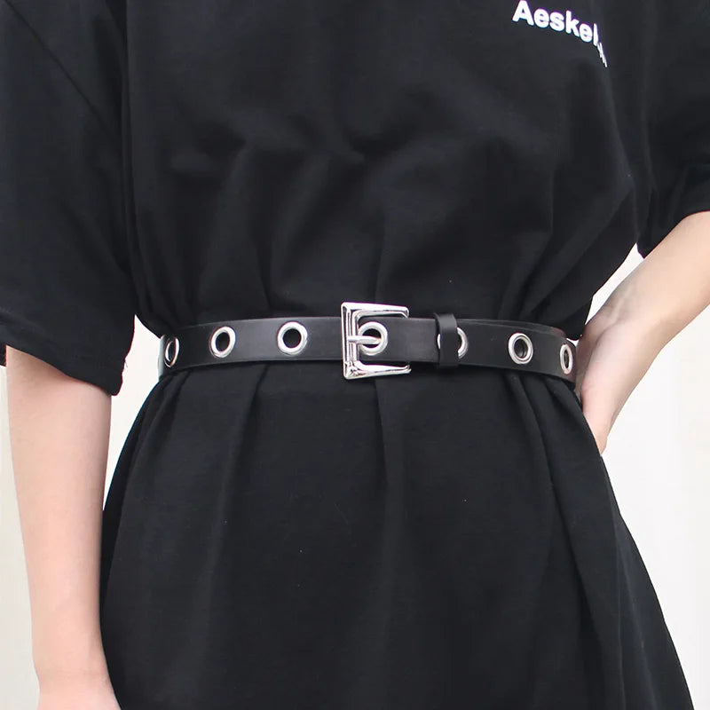 Women Belt PU Leather Pin Buckle Punk Belt Fashion Full Hole Wait Band with Metal Chain Grommet Belts for Jeans Overcoat