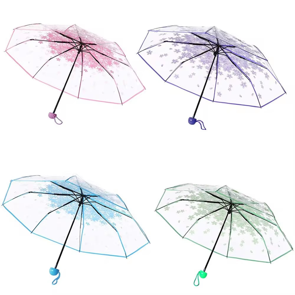 Korean Umbrella Folding Cute Korean Mini Fresh Simple Sen Series Trifold Cherry Blossom Transparent Japanese Umbrella